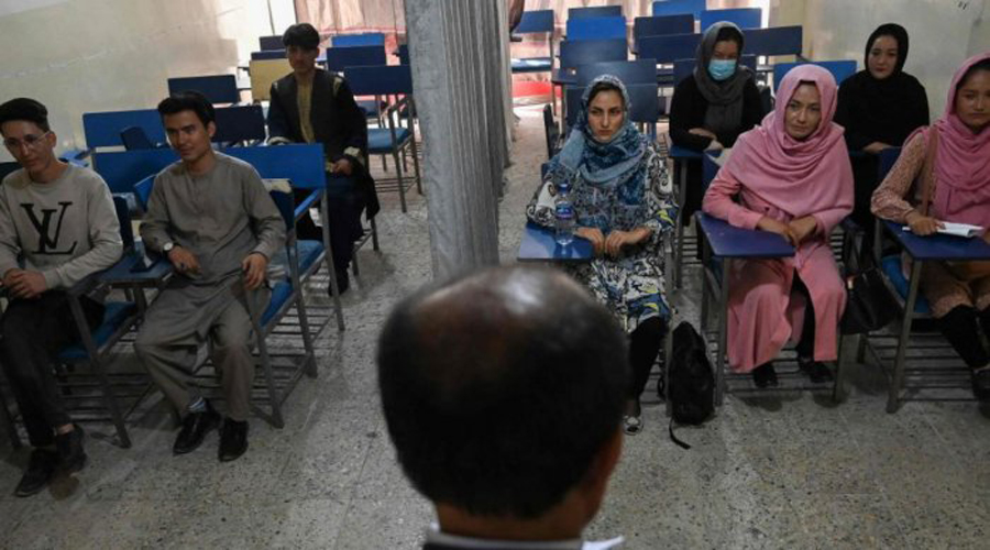A curtain divides male, female students as Afghan universities reopen