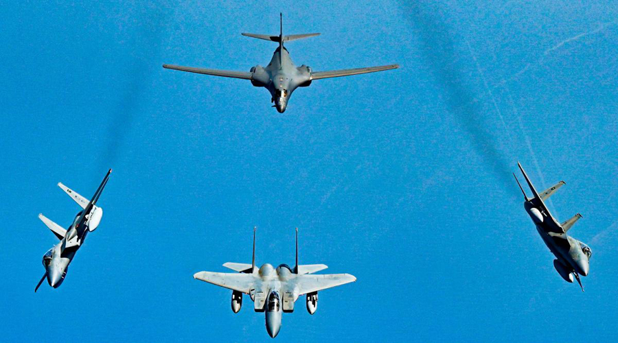 US bomber escorted by fighter jets of Israel flies over Middle east
