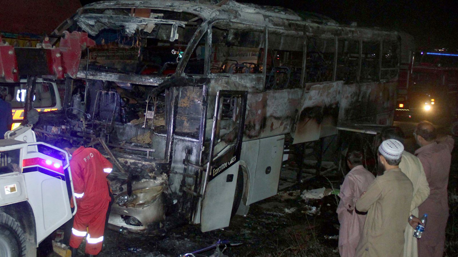 Nearly 18 killed as bus carrying flood victims catches fire in Pakistan